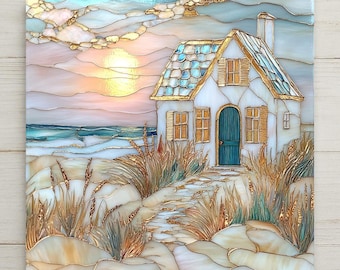 Coastal Cottage Ceramic Tile Art: Stained Glass Style Beach House Decor