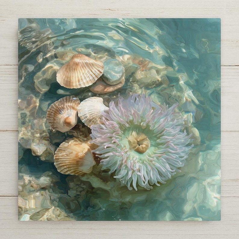 Sea anemone ceramic tile wall art featuring a stained glass-style ocean scene with a soft anemone and seashells beneath clear water. Gentle green and blue coastal tones create calm, nature-inspired decor. Printed on ceramic tile with fine detail. Designed for shelf or wall display with optional tile wall hanger, easel tile stand, cork backing, or premium frame.