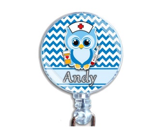 Personalized Custom Badge Reel ID Retractable Card Holder Nurse Owl Blue Chevrons Just Add Your Name