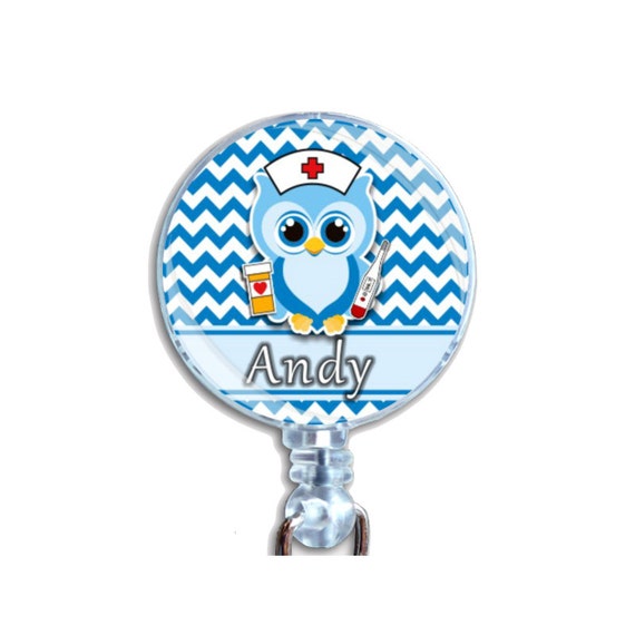Personalized Custom Badge Reel ID Retractable Card Holder Nurse Owl Blue Chevrons Just Add Your Name