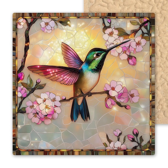 Handcrafted Stained Glass Hummingbird Ceramic Tile - Floral Wall Art for Nature Lovers and Garden Decor