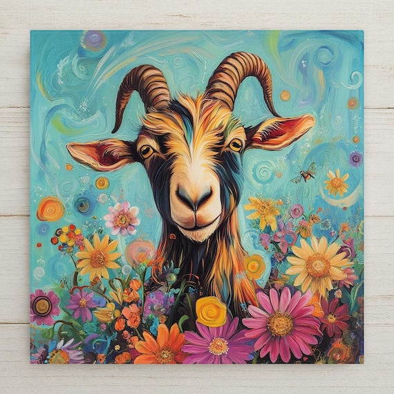 Psychedelic Goat Tile: Whimsical Folk Art Ceramic