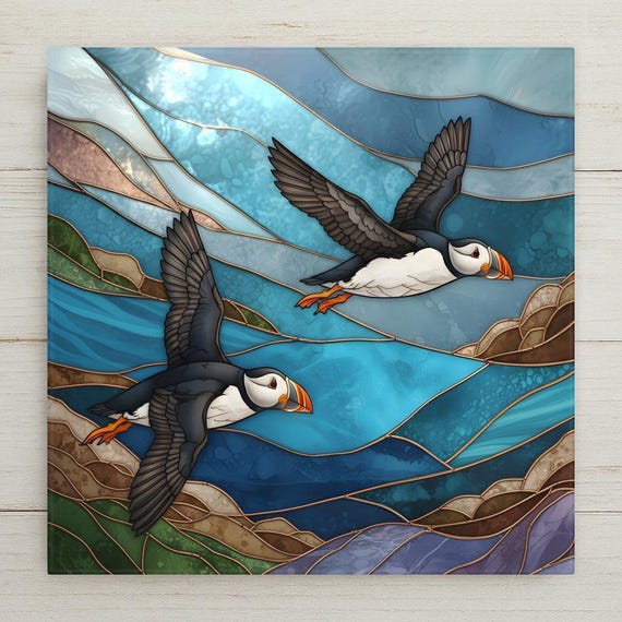Puffin Pair Coastal Wall Art Ceramic Tile – Stained Glass Ocean Bird Decor, Seaside Wildlife Wall Decor, Beach House Home Decor