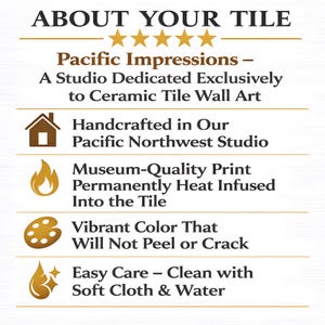 The image is a promotional poster for Pacific Impressions, a studio dedicated exclusively to ceramic tile wall art. It features five key points about the studio's offerings, including handmade ceramic tiles, a permanent heat-infused design, vibrant color, easy care, and the use of soft cloth and water for cleaning.