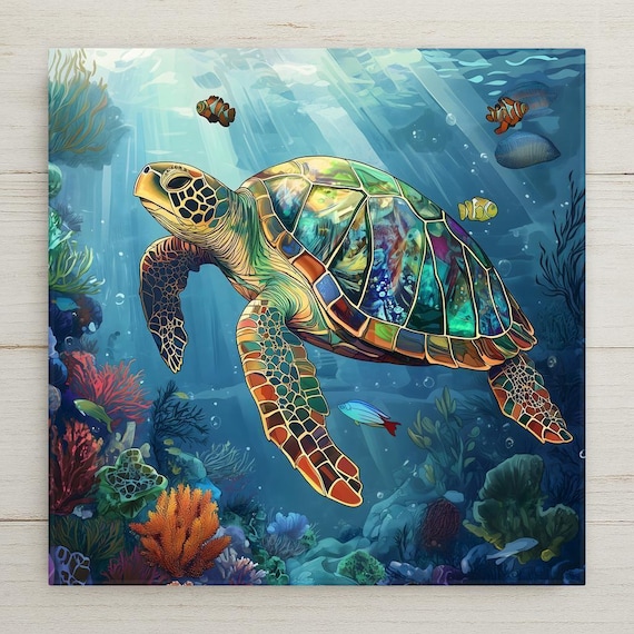 Sea Turtle Ceramic Tile Art: Coastal Nautical Decor