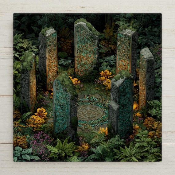 Celtic Standing Stones Ceramic Tile: Enchanted Stained Glass Wall Art for Mystical Home Decor
