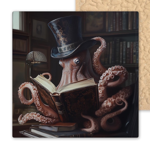 Steampunk Octopus Reading Book Ceramic Tile - Whimsical Nautical Wall Art for Book Lovers