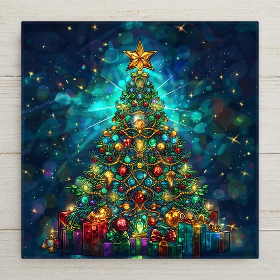 Festive Stained Glass Christmas Tree Tile: Artistic Holiday Home Decor Wall Art Ornament Gift