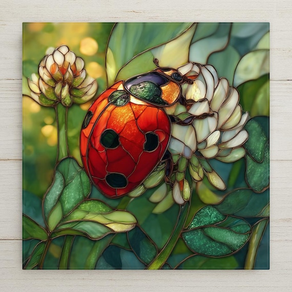 Ladybug Wall Art Ceramic Tile – Stained Glass Style Clover Blossom Decor, Lucky Garden Insect Art, Cottagecore Botanical Home Decor