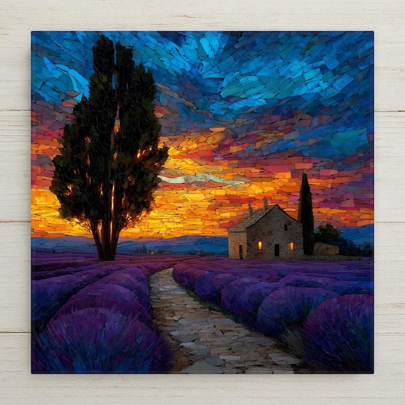 Lavender Field Wall Art Ceramic Tile Stained Glass Style Provence French Country Gift Botanical Decor Art