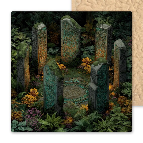 Celtic Standing Stones Ceramic Tile: Enchanted Stained Glass Wall Art for Mystical Home Decor