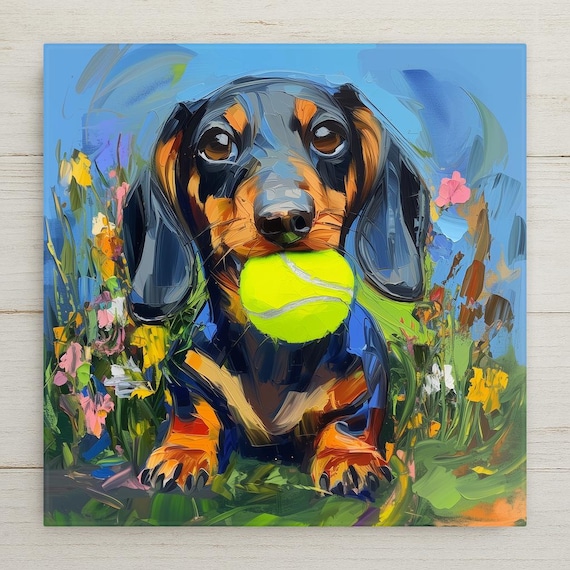 Dachshund Ceramic Tile Art Home Decor: Playful Wiener Dog with Tennis Ball