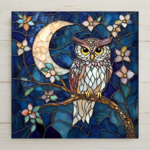 Moonlit Owl Ceramic Tile: Stained Glass Style Cottagecore Wall Art