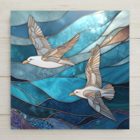 Seagulls Ocean Waves Ceramic Tile Wall Art – Stained Glass Style Coastal Wall Decor, Nautical Home Decor, Beach Cottage Ocean Artwork Tile