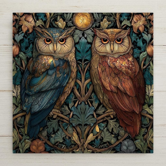 Stained Glass Style Owl Ceramic Tile Art: Moonlit Forest Decor