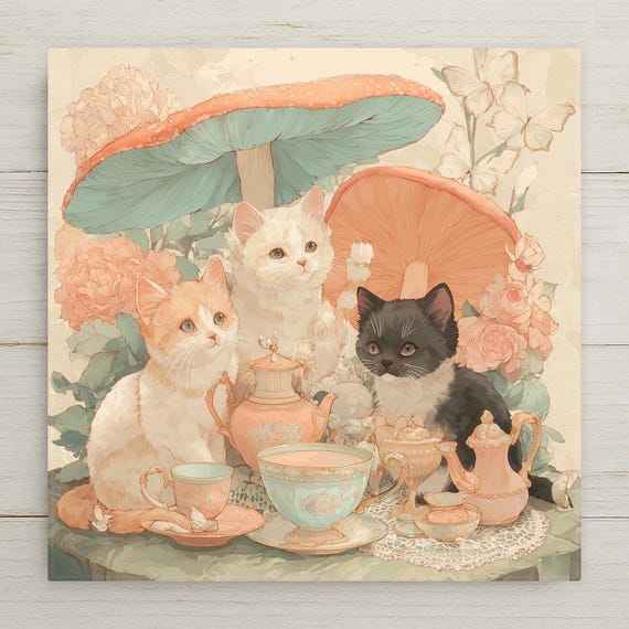 Whimsical Kittens Tea Party Ceramic Tile Wall Art - Stained Glass Style Fairytale Woodland Scene