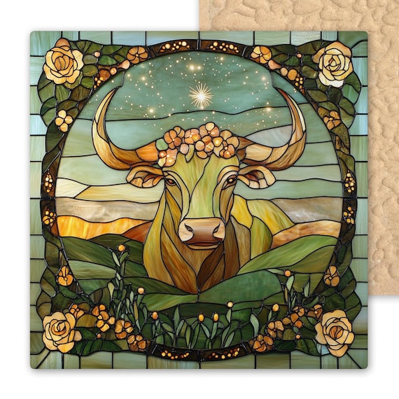 Taurus Zodiac Ceramic Tile: Stained Glass Bull Wall Art, Earth Sign Astrology Decor, Birthday Gift