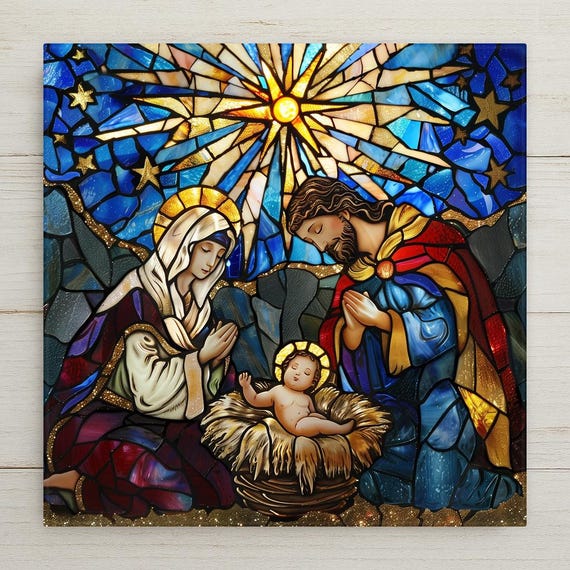 Handcrafted Stained Glass Nativity Ceramic Tile Art: Holy Family Christmas Decor, Religious Holiday Ornament Home Decor Wall Art
