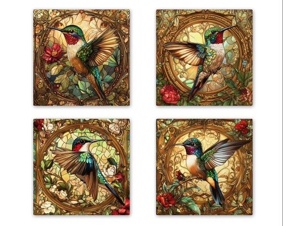 Art Nouveau Hummingbird Tile Set – Alphonse Mucha Inspired Floral Stained Glass Ceramic Trivets – Botanical Wall Art Set of 4
