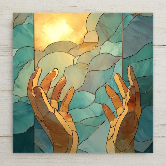 Symbolic Open Hands Ceramic Tile Wall Art – Meaningful Spiritual Design, Stained Glass Style Hope & Light Decor for Mindful Home