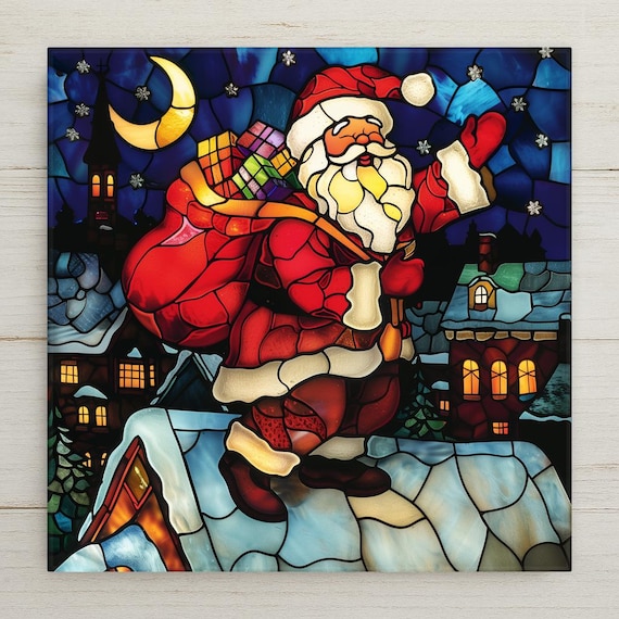 Festive Santa Rooftop Ceramic Tile Home Decor - Stained Glass Style Christmas Eve Art for Holiday Decor Wall Art