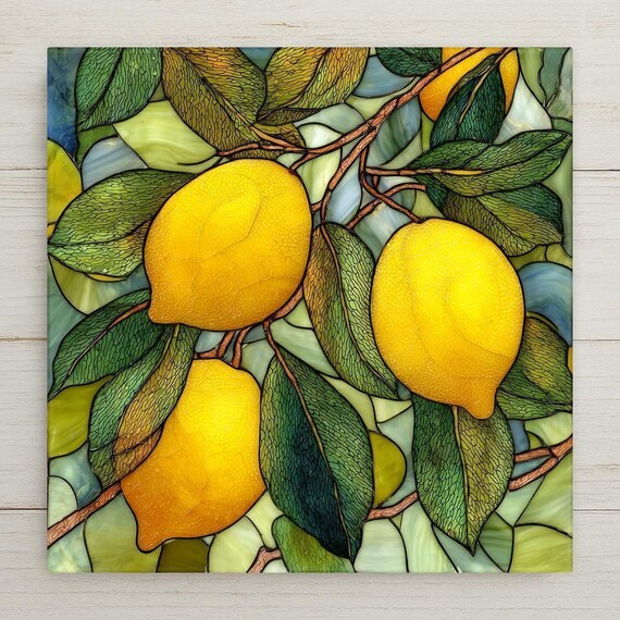 Lemon Wall Art Tile – Stained Glass Style Botanical Kitchen Home Decor