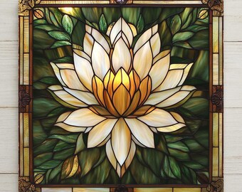 Puede incluir: Un panel de vidriera cuadrado que presenta una flor de loto central en blanco y amarillo dorado rodeada de follaje verde intenso. La obra está enmarcada en metal oscuro con detalles decorativos en las esquinas y un borde geométrico.