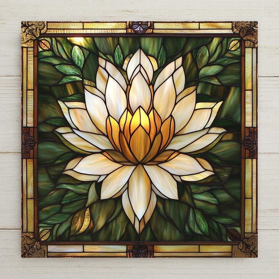 Lotus Flower Ceramic Tile Wall Art - Art Nouveau Tiffany-Inspired Jade Green & Gold Floral Decor