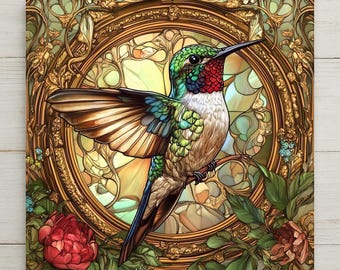 Hummingbird Wall Art Ceramic Tile Art Nouveau Floral Gift Bird Lover Vintage Botanical Art Tile