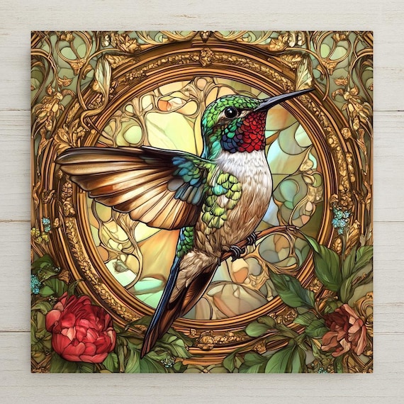Mucha-Inspired Art Nouveau Hummingbird Ceramic Tile: Floral Trivet Wall Decor for Kitchen or Bathroom