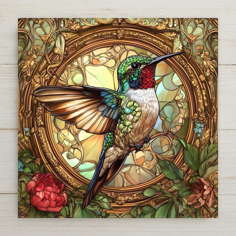 May include: A stained glass style hummingbird with green, blue, and brown feathers. The hummingbird is perched on a branch inside a gold frame with a colorful stained glass background.