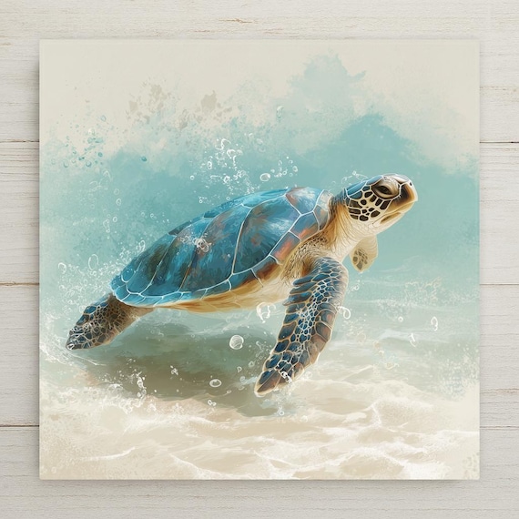 Sea Turtle Decor Ceramic Tile Wall Art Coastal Bathroom Art Beach House Gift Ocean Wildlife Tile