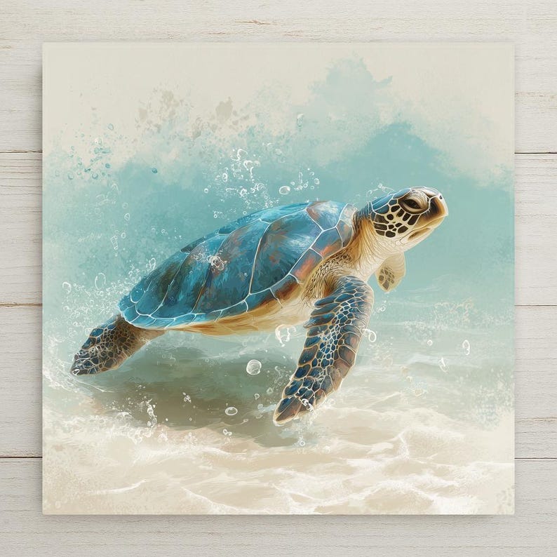 Stained glass style sea turtle ceramic tile in luminous teal turquoise and warm amber tones, gliding through layered ocean water above a colorful coral reef, a vivid coastal bathroom and beach house accent.