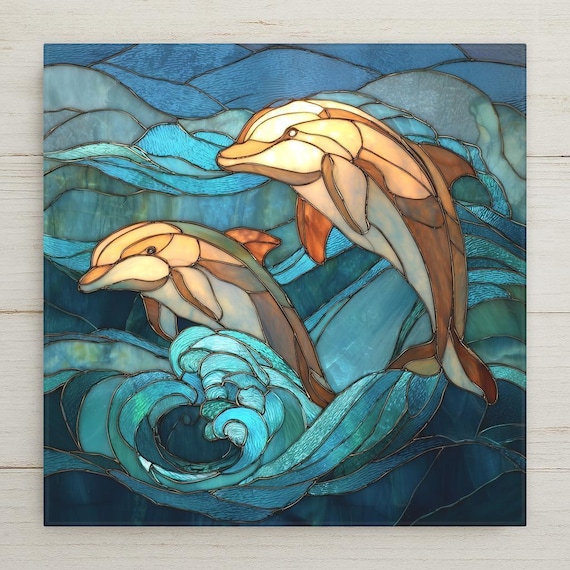 Dolphin Duo Ceramic Tile Wall Art – Stained Glass Style Ocean Waves Decor, Coastal Beach Home Display, Nautical Wildlife Gift