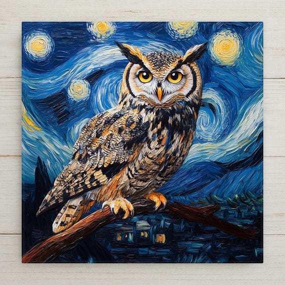 Owl Starry Night Ceramic Tile Art: Van Gogh Inspired Home Decor