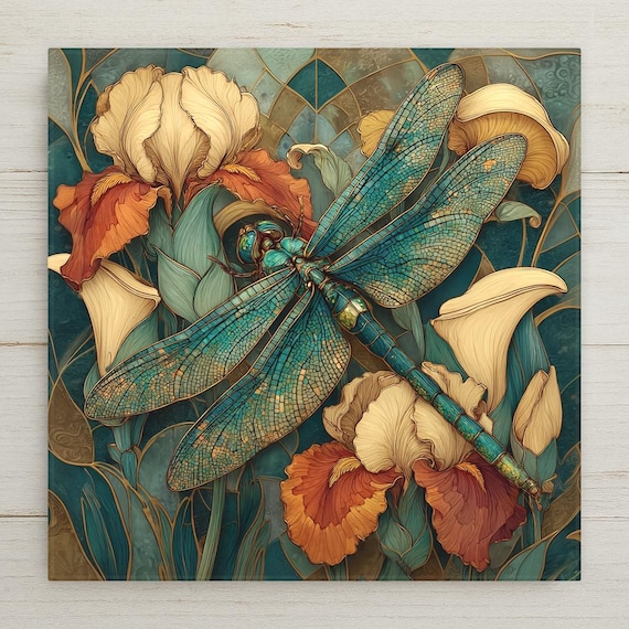 Dragonfly Florals Ceramic Art Tile: Art Deco Vintage Bronze Wall Decor Botanical Art Nouveau Gallery Home Decor Garden Gift