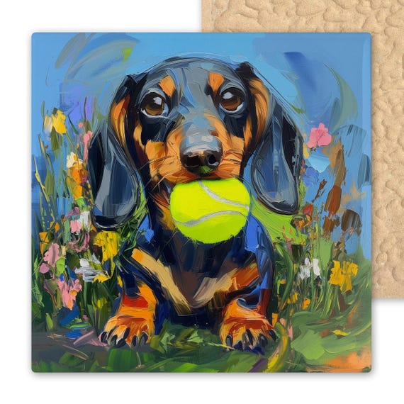 Dachshund Ceramic Tile Art – Playful Dog Wall Art with Tennis Ball in Floral Field – Colorful Pet Portrait Gift for Wiener Dog Lovers