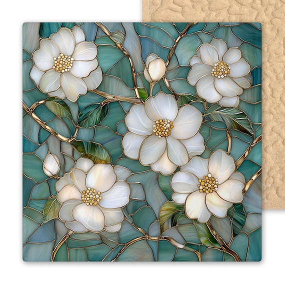 Art Nouveau Cherry Blossom Ceramic Tile - Stained Glass Style Floral Wall Decor in White and Teal