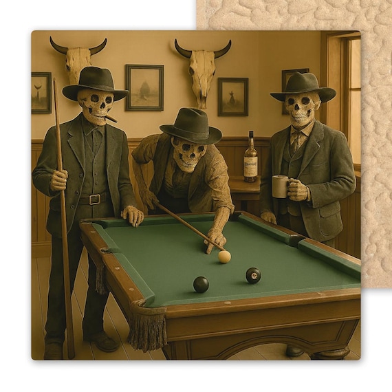 Macabre Skeleton Cowboys Pool Game Ceramic Tile - Weirdcore Western Gothic Saloon Decor