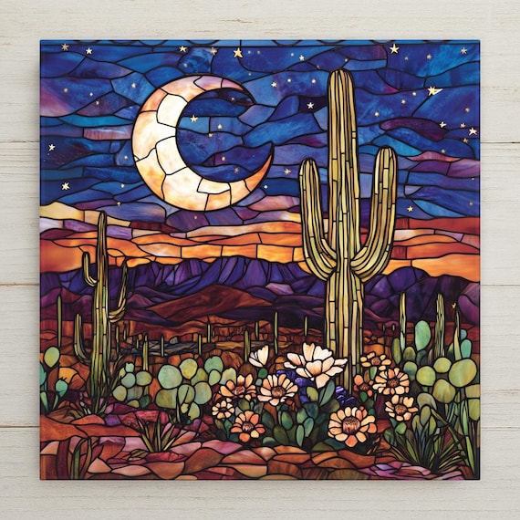 Handcrafted Stained Glass Desert Tile: Moon & Cactus Wall Art, Southwest Ceramic Saguaro Sunset Decor