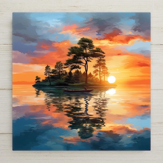 Island Lake Sunset Ceramic Tile Art: Fisherman in Boat, Watercolor Style