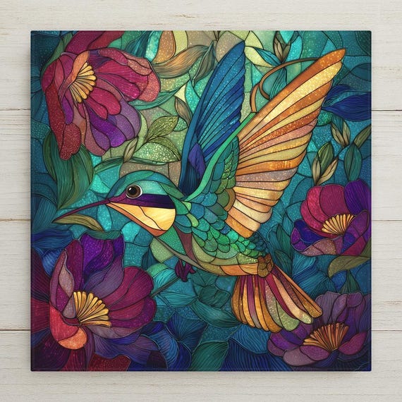Hummingbird Ceramic Tile Wall Art – Stained Glass Style Floral Nature Decor, Meaningful Home Decor, Symbolic Wall Art Gift