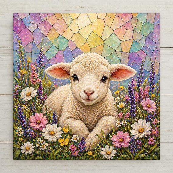 Lamb Wall Art Ceramic Tile Stained Glass Style Easter Gift Spring Animal Decor Religious Home Art Lamb Lover Gift Tile