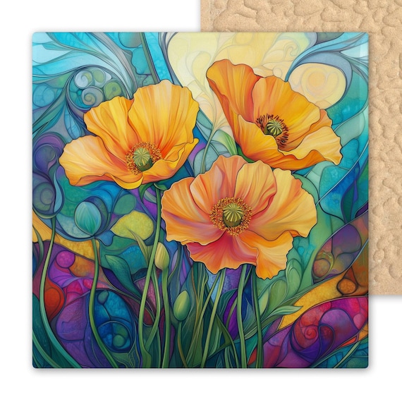 Vibrant California Poppies Ceramic Tile Art: Handmade Floral Wall Decor, Stained Glass Style Botanical Gift