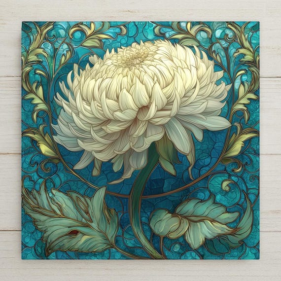 White Dahlia Wall Art Ceramic Tile – Cream Floral Stained Glass Decor – Botanical Wall Decor – Cottagecore Home Decor Gift