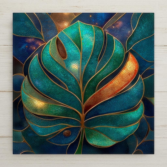 Monstera Leaf Wall Art Ceramic Tile Stained Glass Style Tropical Plant Decor Botanical Gift Nature Art