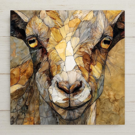 Goat Ceramic Tile Wall Art – Stained Glass Farm Goat Portrait, Rustic Farmhouse Decor, Country Home Wall Decor Gift