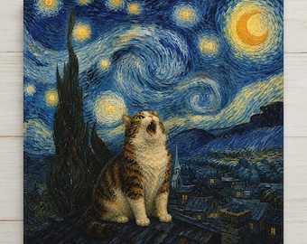 May include: A square wall art print featuring a brown tabby cat sitting on a dark rooftop, looking up at a swirling night sky filled with bright yellow stars and a crescent moon, inspired by the style of Van Gogh's Starry Night painting.