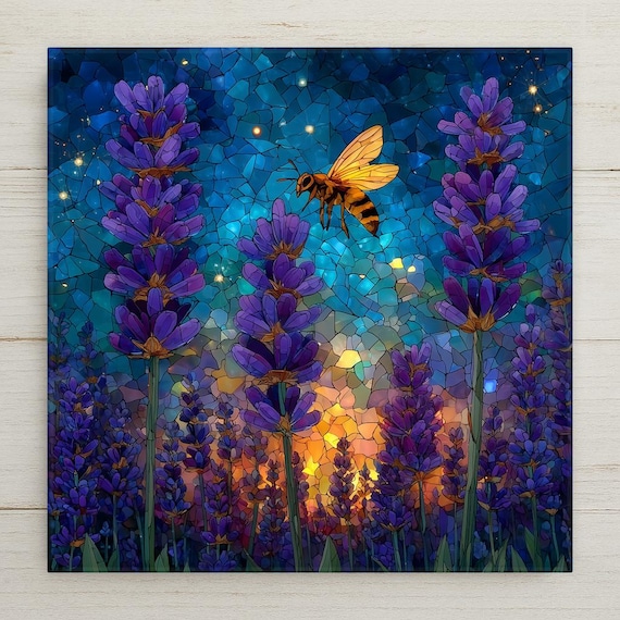 Lavender Field Wall Art Ceramic Tile Stained Glass Style Purple Botanical Garden Floral Gift for Her Decor