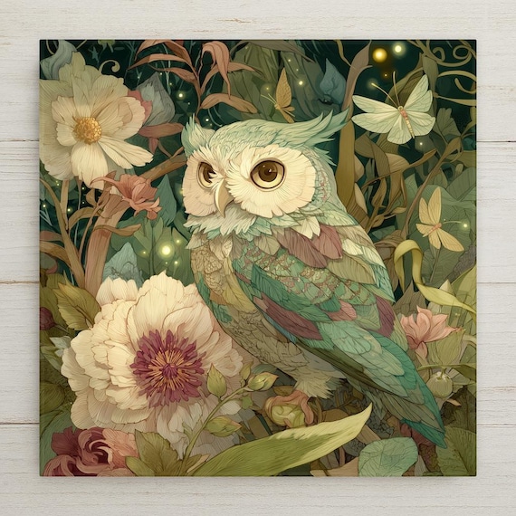 Owl Ceramic Tile Wall Art – Botanical Owl Wall Decor in Stained Glass Style, Woodland Nature Home Decor Gift for Owl Lovers